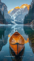 Wooden Canoe on Serene Lake with Majestic Mountain Backdrop