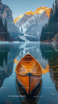 Wooden Canoe on Serene Lake with Majestic Mountain Backdrop