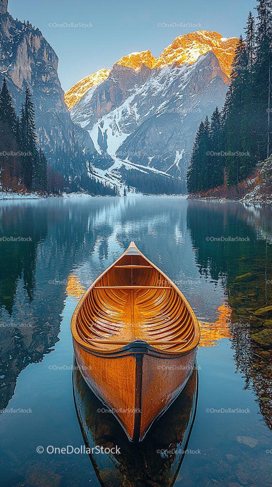 Wooden Canoe on Serene Lake with Majestic Mountain Backdrop