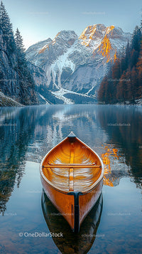 Canoe on a Tranquil Lake with Majestic Snow-Capped Mountains