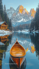 Wooden Canoe on Serene Alpine Lake in Winter