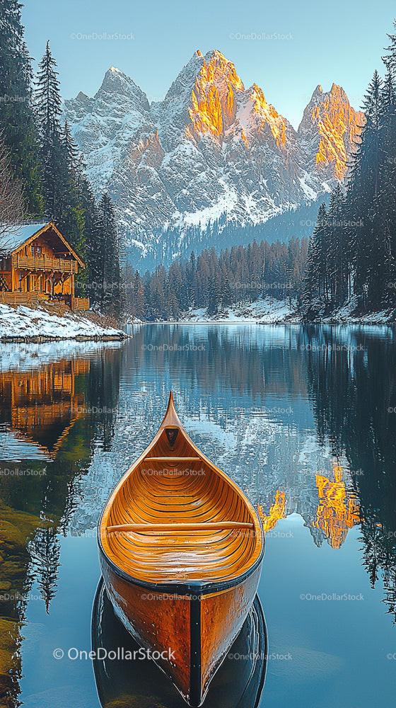 Wooden Canoe on Serene Alpine Lake in Winter