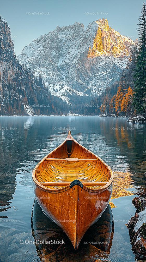 Wooden Canoe on a Tranquil Lake Amid Snowy Peaks
