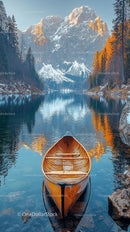 Wooden Canoe on a Tranquil Mountain Lake in Autumn