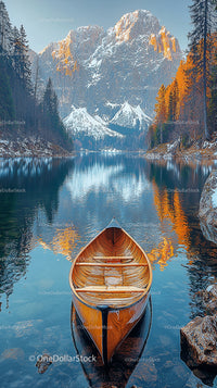 Wooden Canoe on a Tranquil Mountain Lake in Autumn