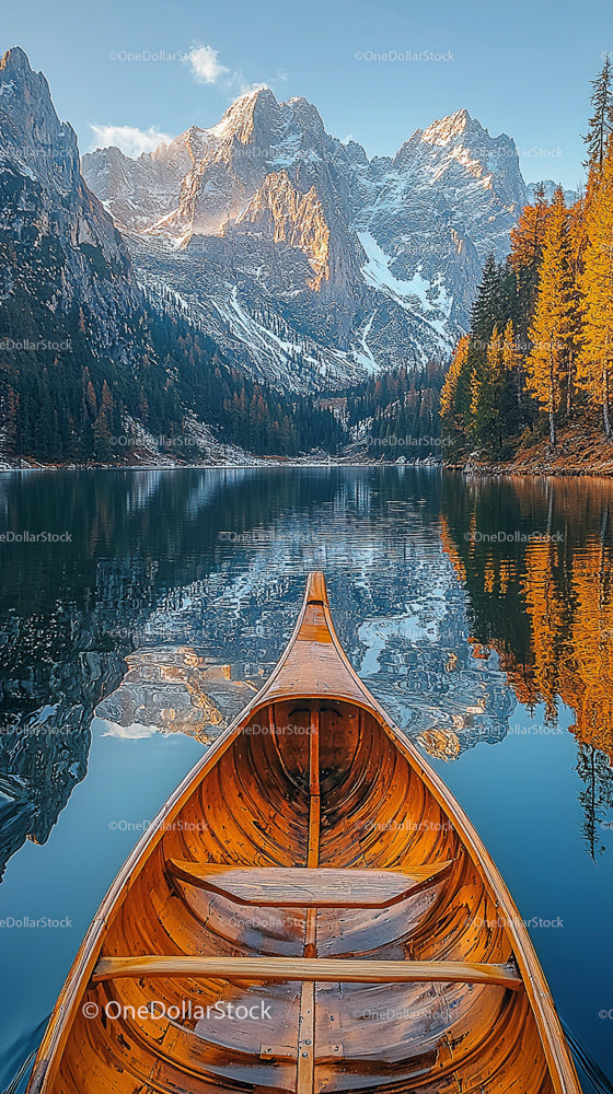 Canoe on Serene Mountain Lake with Snowy Peaks