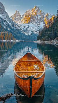 Wooden Canoe on Tranquil Alpine Lake with Mountain Backdrop