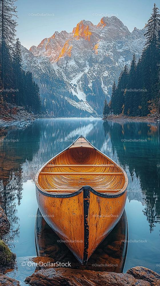 Wooden Canoe on Serene Alpine Lake at Sunrise