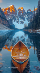Canoe on Tranquil Lake with Mountain Reflection