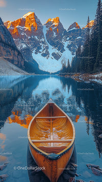 Canoe on Tranquil Lake with Mountain Reflection