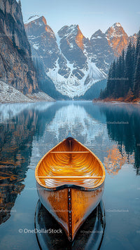 Tranquil Canoe on Serene Lake with Snow-Capped Mountains