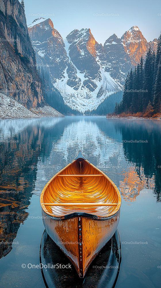 Tranquil Canoe on Serene Lake with Snow-Capped Mountains