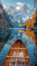 Canoe on a Serene Lake with Majestic Mountain Reflection