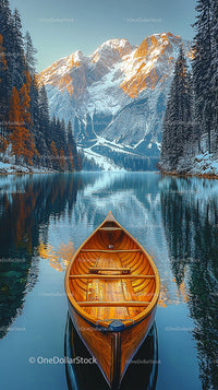Scenic Wooden Boat on Tranquil Mountain Lake at Sunrise