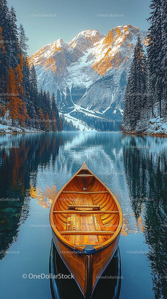 Scenic Wooden Boat on Tranquil Mountain Lake at Sunrise