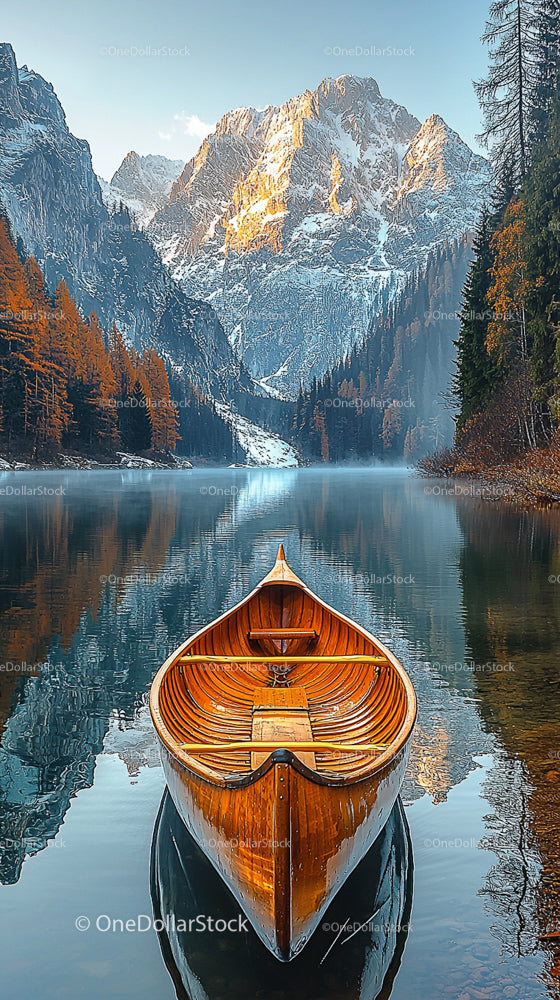 Wooden Boat on Tranquil Lake with Majestic Mountain View