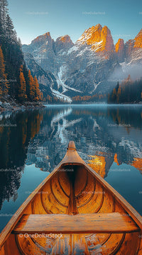 Canoe on Tranquil Mountain Lake with Stunning Reflection