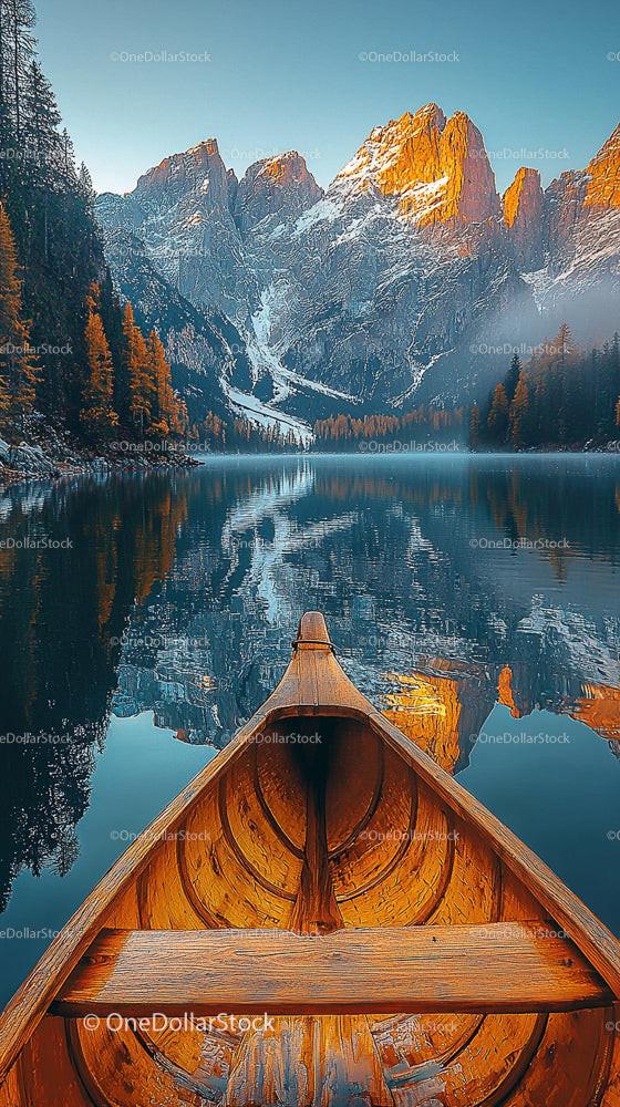 Canoe on Tranquil Mountain Lake with Stunning Reflection