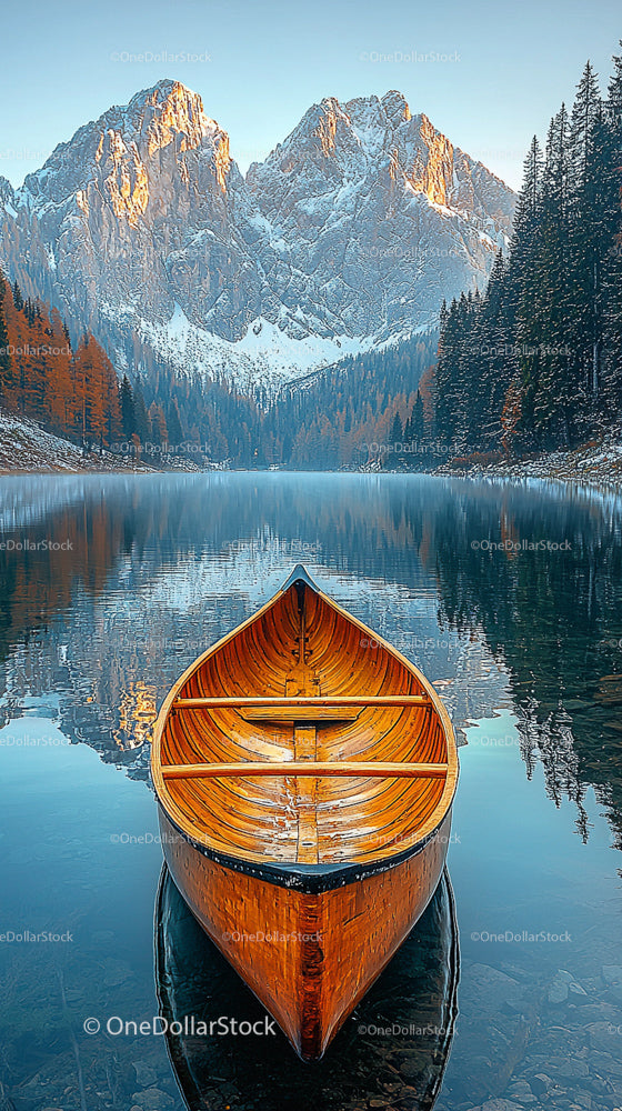 Wooden Canoe on Serene Mountain Lake at Sunrise