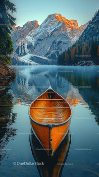Canoe on Mountain Lake with Scenic Snowy Peaks and Forest