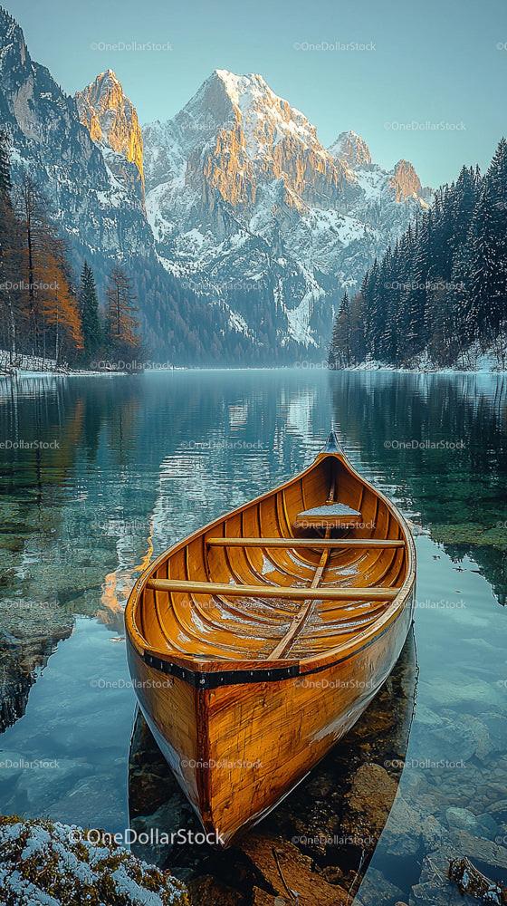 Wooden Canoe on a Tranquil Mountain Lake at Sunrise