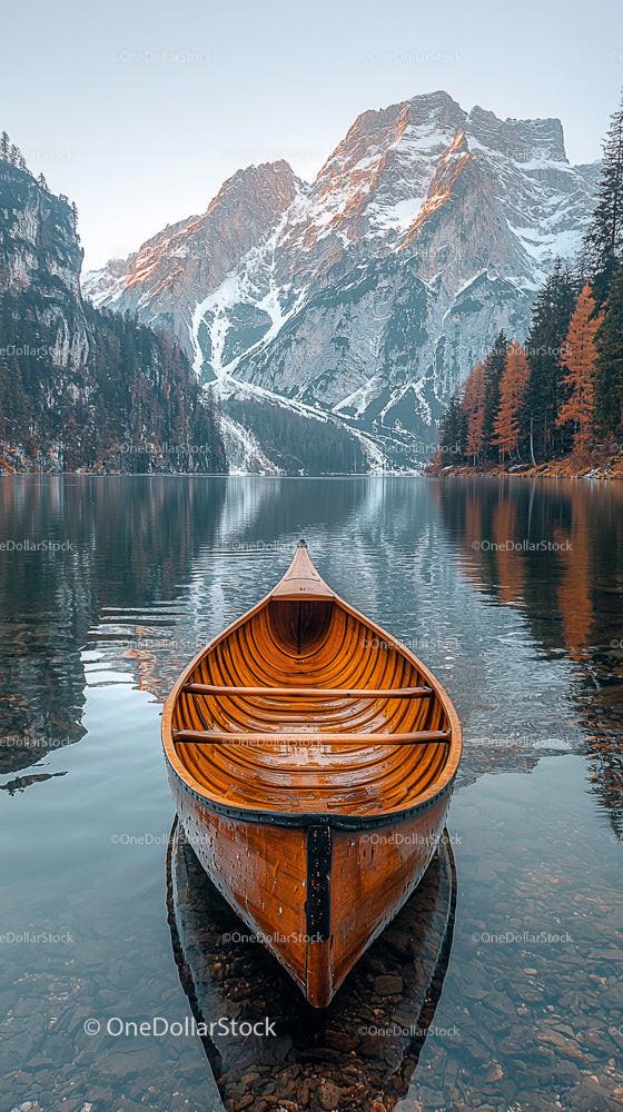 Wooden Canoe on Pristine Alpine Lake with Majestic Mountains