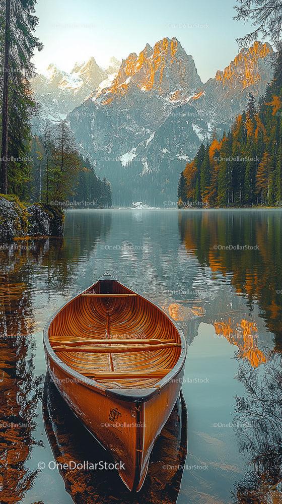 Serene Lake with Majestic Mountain Backdrop and Wooden Canoe