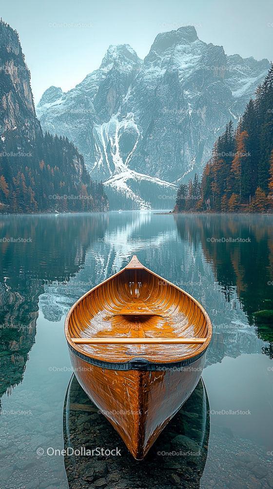 Wooden Boat on Serene Alpine Lake with Snowy Mountain Reflection