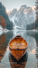 Wooden Boat on Tranquil Lake with Snowy Mountain Backdrop