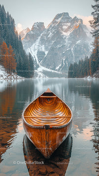 Wooden Boat on Tranquil Lake with Snowy Mountain Backdrop
