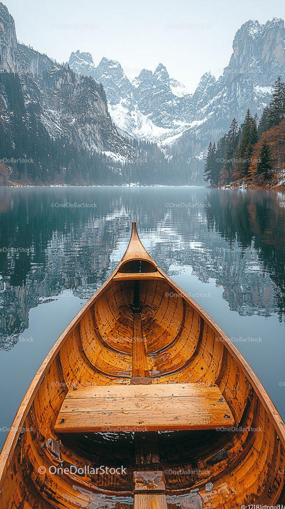 Wooden Canoe on Tranquil Mountain Lake with Snowy Peaks