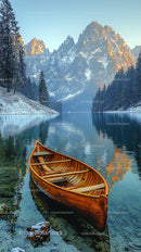 Wooden Canoe on a Serene Mountain Lake at Sunrise