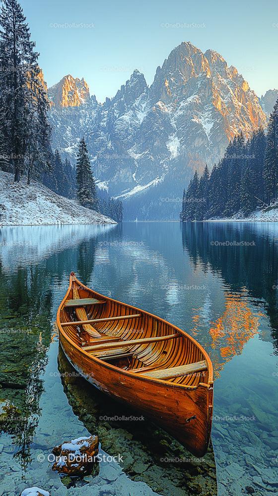 Wooden Canoe on a Serene Mountain Lake at Sunrise