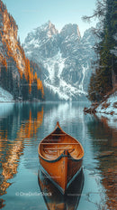 Peaceful Canoe on a Tranquil Mountain Lake with Snow Peaks