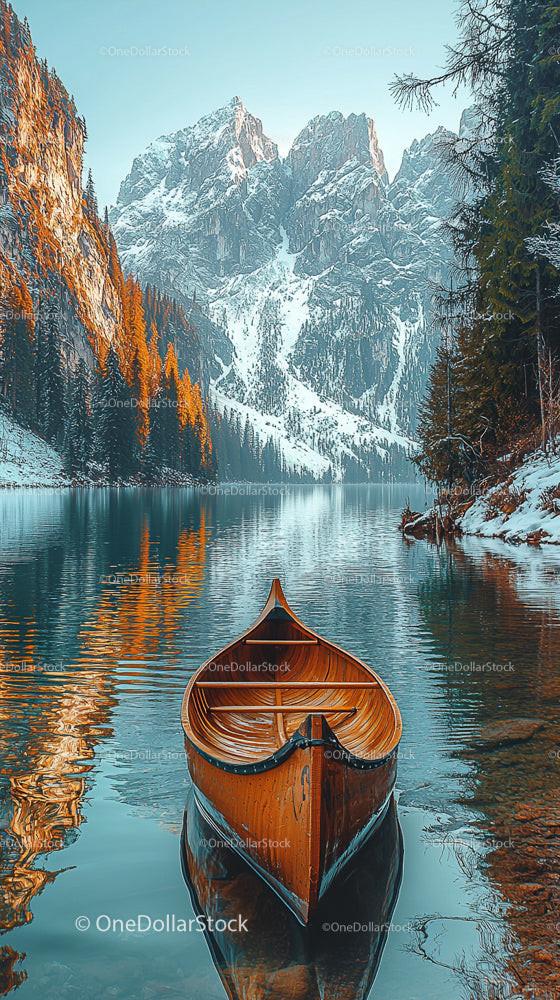 Peaceful Canoe on a Tranquil Mountain Lake with Snow Peaks