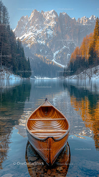 Wooden Canoe on Serene Mountain Lake with Snowy Peaks