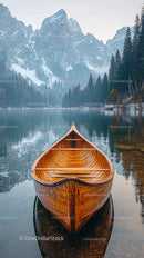 Wooden Canoe on Tranquil Lake with Snow-Capped Mountain Backdrop