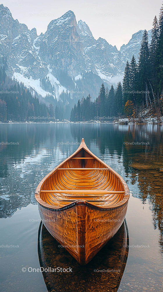 Wooden Canoe on Tranquil Lake with Snow-Capped Mountain Backdrop