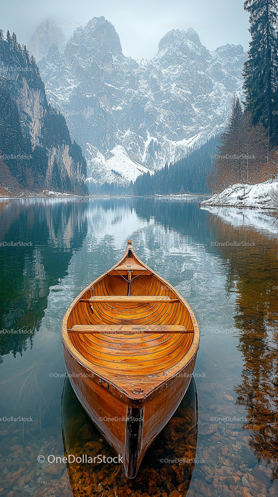 Serene Wooden Boat on Tranquil Lake with Snowy Mountains