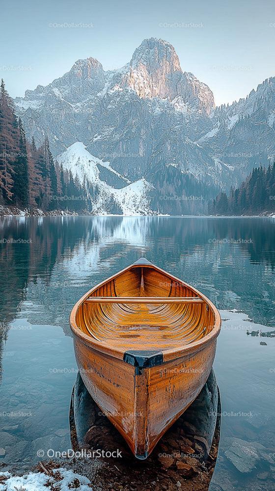 Wooden Boat on Tranquil Mountain Lake with Snowy Peaks