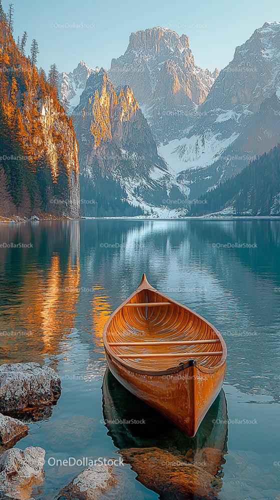 Wooden Boat on Tranquil Mountain Lake at Sunrise