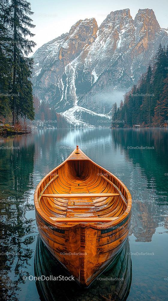 Wooden Boat on Serene Mountain Lake with Snowy Peaks