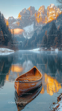 Canoe on Tranquil Lake Against Snowy Mountain Peaks