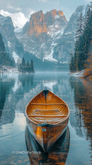 Serene Mountain Lake with Wooden Canoe in Tranquil Setting