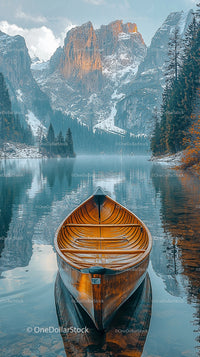 Serene Mountain Lake with Wooden Canoe in Tranquil Setting