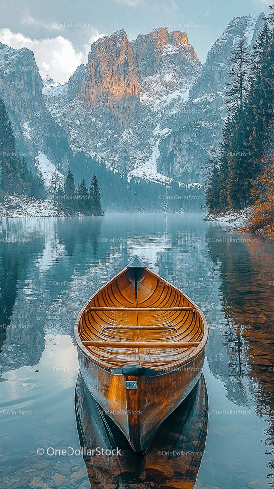 Serene Mountain Lake with Wooden Canoe in Tranquil Setting