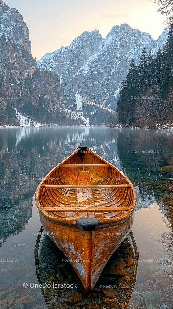 Wooden Boat on Serene Alpine Lake with Snowy Mountains