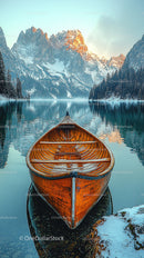 Wooden Canoe on Serene Lake with Snow-Capped Mountains