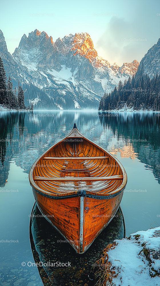 Wooden Canoe on Serene Lake with Snow-Capped Mountains