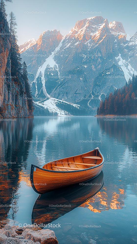 Tranquil Alpine Lake with Wooden Canoe and Snowy Peaks
